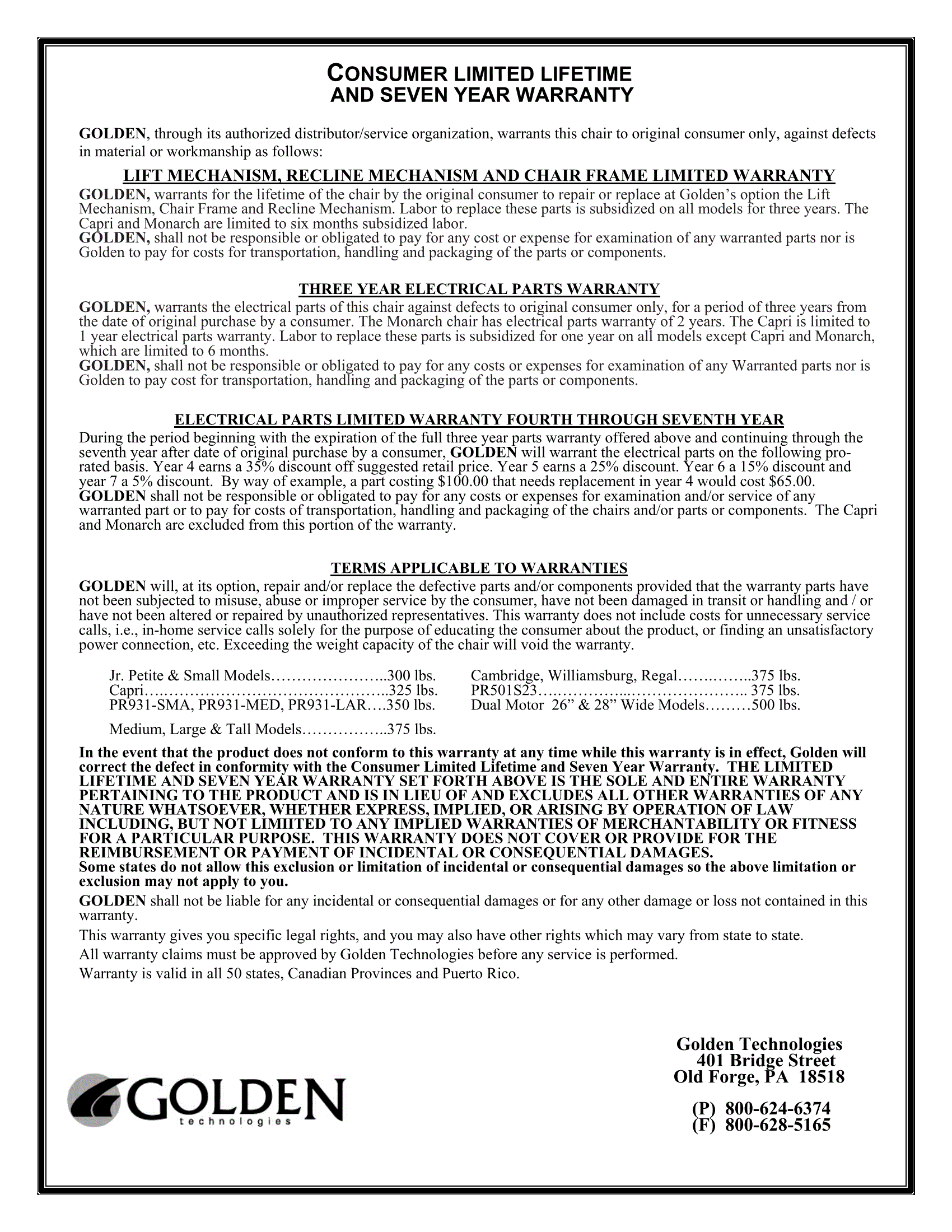 Golden Warranty Parts Labor